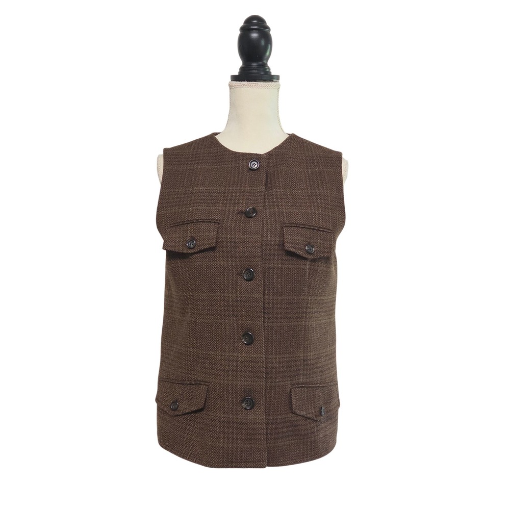 90s Lambswool Wool Brown Tweed Button Front Vest Size M Petite Preppy Academia